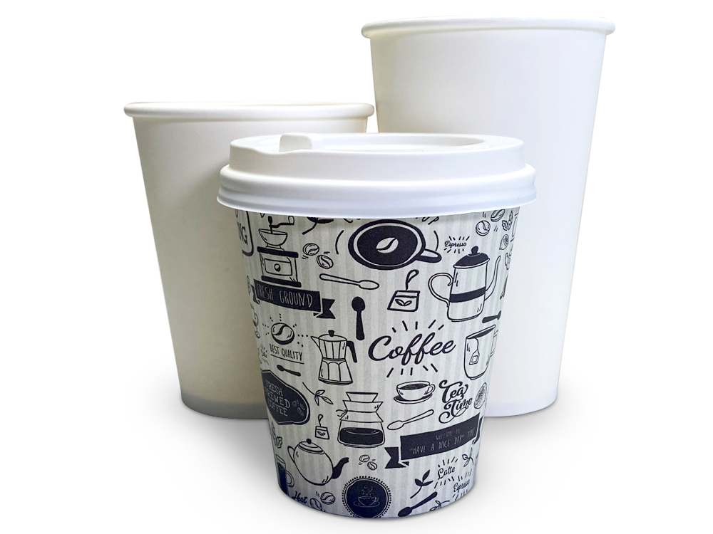 Insulated Ripple Kraft Disposable Paper Coffee Cups White lids from 4 up to  16oz